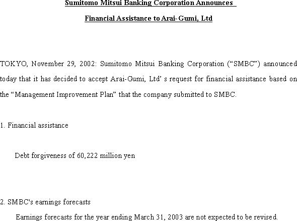Sumitomo Mitsui Banking Corporation Announces Financial Assistance to Arai-Gumi, Ltd(1/1)