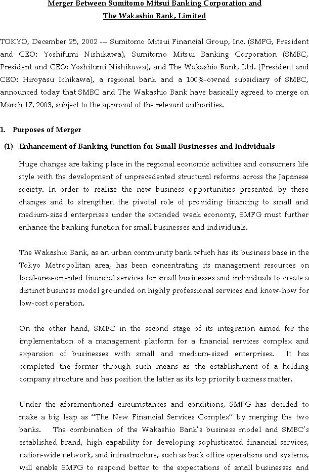 Merger Between Sumitomo Mitsui Banking Corporation and The Wakashio Bank, Limited(1/4)