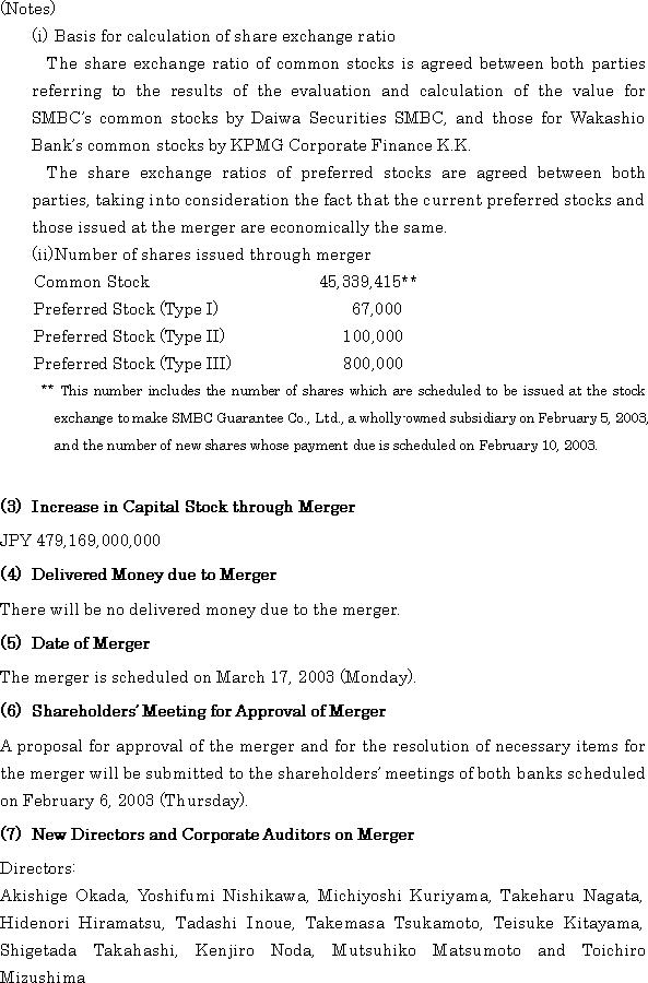 Merger Agreement between Sumitomo Mitsui Banking Corporation and The Wakashio Bank, Limited(2/5)