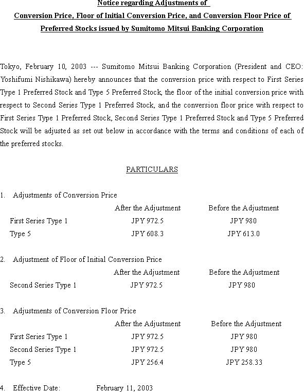 Notice regarding Adjustments of Conversion Price, Floor of Initial Conversion Price, and Conversion Floor Price of Preferred Stocks issued by Sumitomo Mitsui Banking Corporation(1/1)