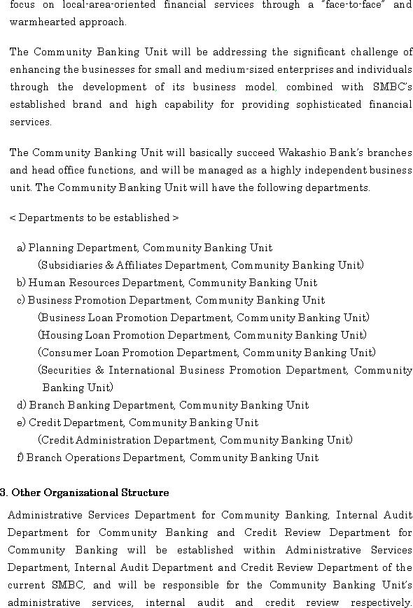 Organizational Structure of New Bank Established through Merger between Sumitomo Mitsui Banking Corporation and Wakashio Bank(2/2)