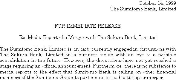 Media Report of a Merger with The Sakura Bank,Limited