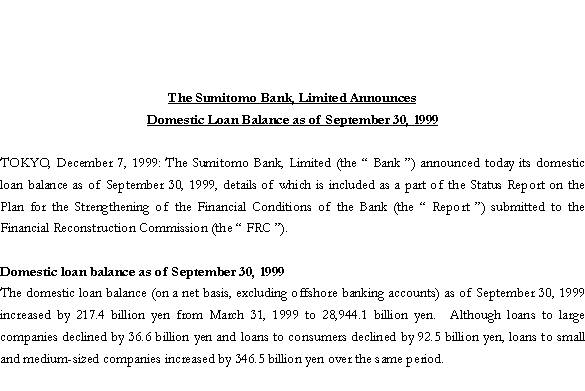 The Sumitomo Bank, Limited Announces Domestic Loan Balance as of September 30, 1999