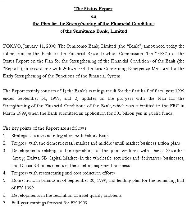 The Status Report on the Plan for the Strengthening of the Financial Conditions of the Sumitomo Bank, Limited