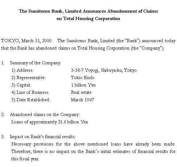 The Sumitomo Bank, Limited Announces Abandonment of Claims on Total Housing Corporation