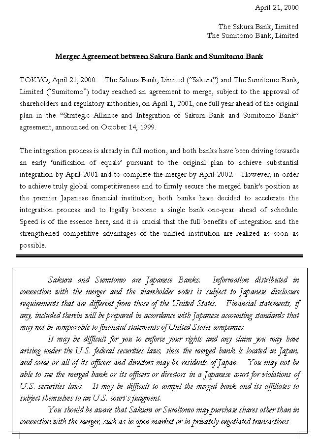 Merger Agreement between Sakura Bank and Sumitomo Bank  (1) (1/10) 