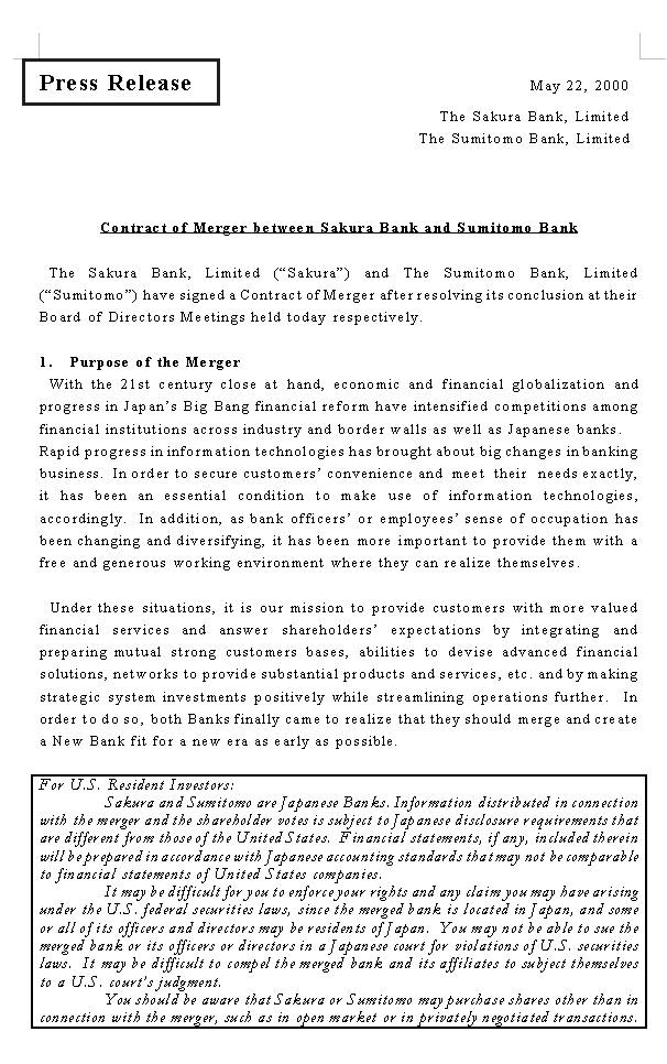 Contract of Merger between Sakura Bank and Sumitomo Bank (1/5) 