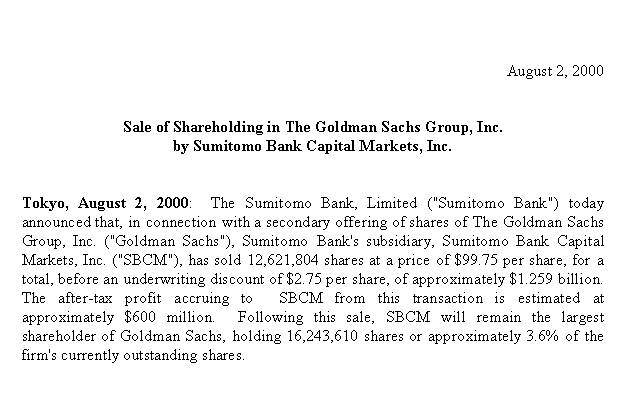 Sale of Shareholding in The Goldman Sachs Group, Inc. by Sumitomo Bank Capital Markets, Inc. 