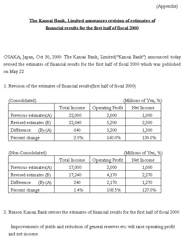 The Sumitomo Bank, Limited announces its consolidated subsidiary, the Kansai Bank, Limited revises the estimates of financial results for the first half of fiscal 2000 (2/2) 