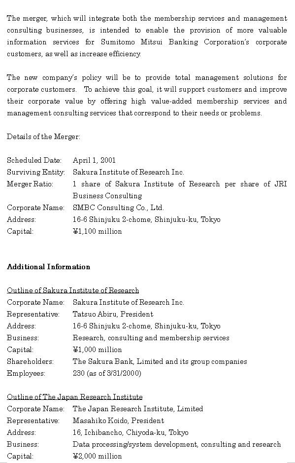 Reorganization of the Business Among Sakura Institute of Research Inc The Japan Research Institute, Limited and The JRI Business Consulting, Limited (2/3) 