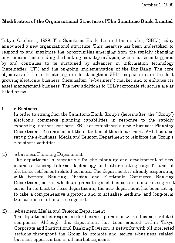Modification of the Organizational Structure of The Sumitomo Bank, Limited (1/2) 