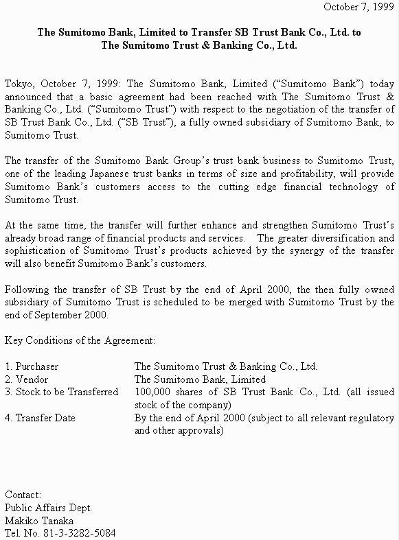 The Sumitomo Bank, Limited to Transfer SB Trust Bank Co., Ltd. to <BR>The Sumitomo Trust & Banking Co., Ltd. (1/2) 