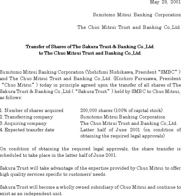Transfer of Shares of The Sakura Trust & Banking Co.,Ltd. to The Chuo Mitsui Trust and Banking Co.,Ltd.(1/2)