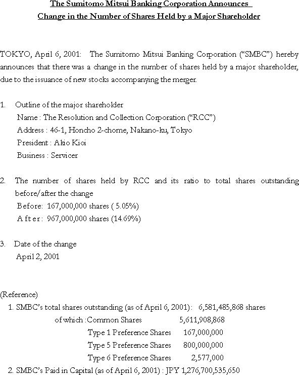 The Sumitomo Mitsui Banking Corporation Announces Change in the Number of Shares Held by a Major Shareholder(1/1)