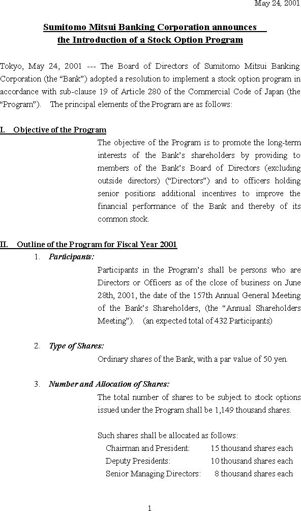 Sumitomo Mitsui Banking Corporation announces the Introduction of a Stock Option Program(1/2)