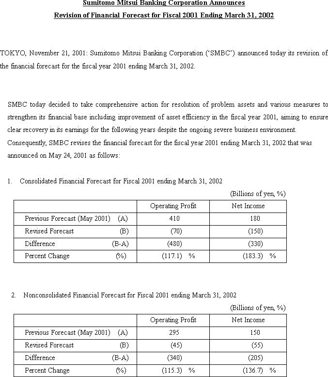 Sumitomo Mitsui Banking Corporation Announces Revision of Financial Forecast for Fiscal 2001 Ending March 31, 2002(1/2)