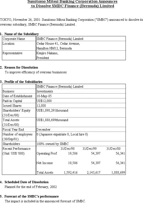 Sumitomo Mitsui Banking Corporation Announces to Dissolve SMBC Finance (Bermuda) Limited(1/1)