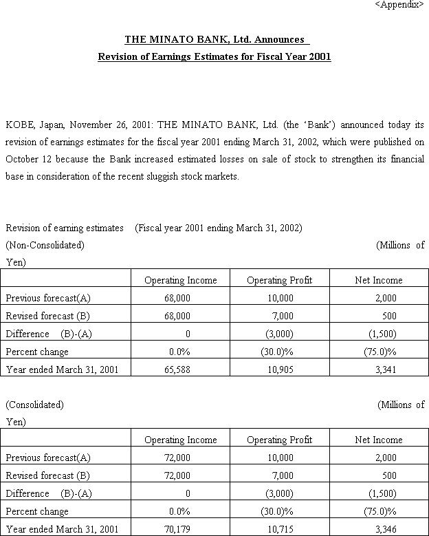 Sumitomo Mitsui Banking Corporation Announces Revision of Fiscal Year 2001 Earnings Estimates By Its Consolidated Subsidiary, THE MINATO BANK, LTD.(2/2)