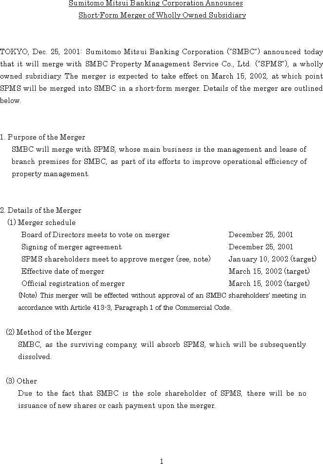 Sumitomo Mitsui Banking Corporation Announces Short-Form Merger of Wholly Owned Subsidiary(1/3)