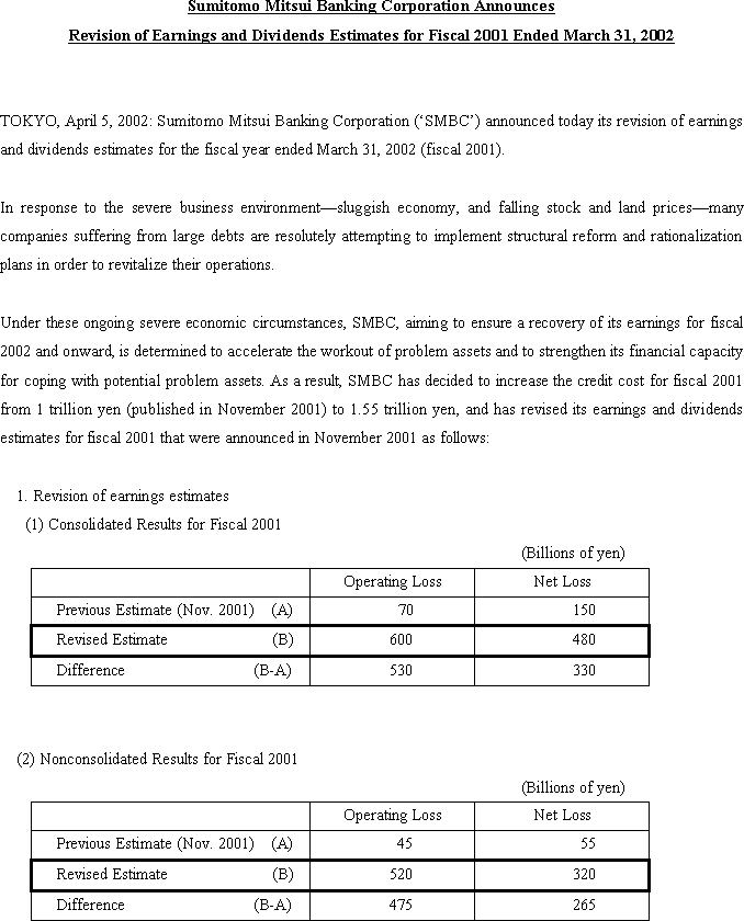 Sumitomo Mitsui Banking Corporation Announces Revision of Earnings and Dividends Estimates for Fiscal 2001 Ended March 31, 2002(1/5)