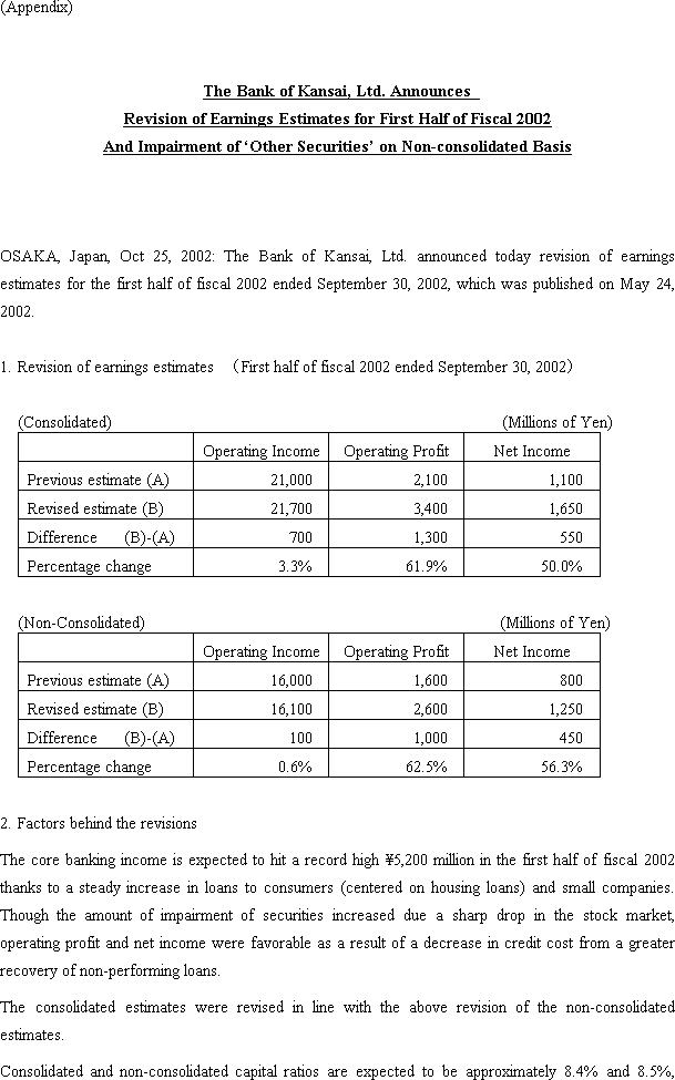 Sumitomo Mitsui Banking Corporation Announces Revision of Earnings Estimates for First Half of Fiscal 2002 by Its Consolidated Subsidiary, The Bank of Kansai, Ltd. (2/3)