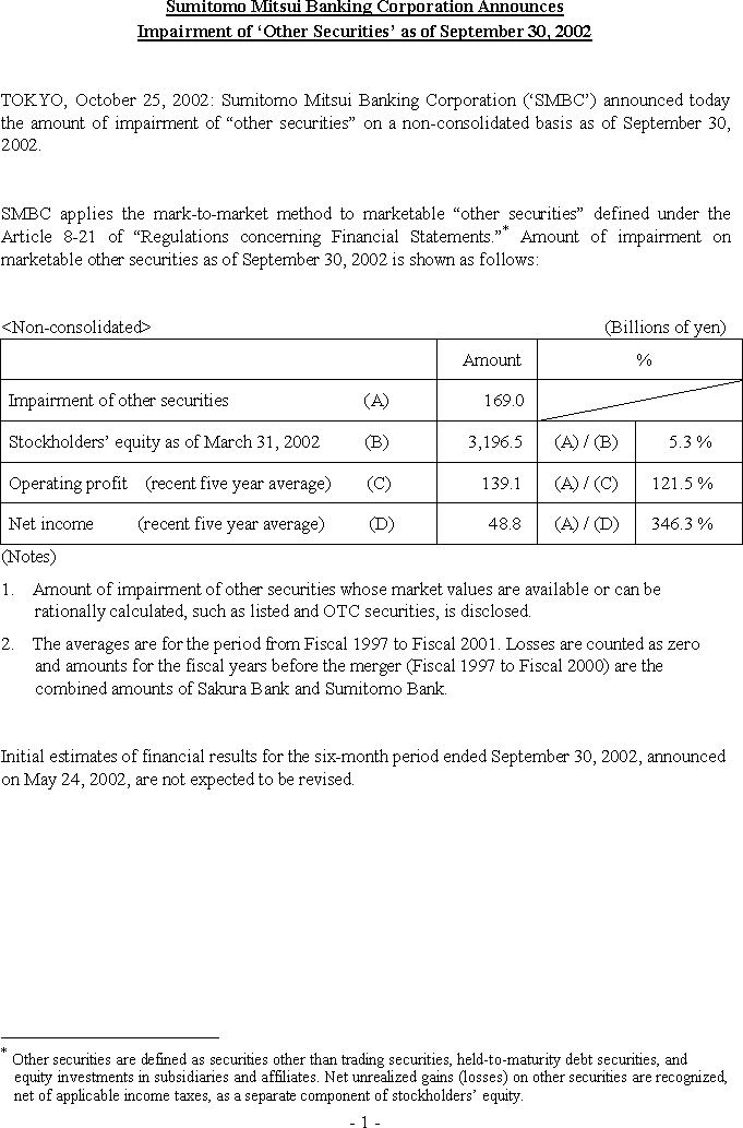 Sumitomo Mitsui Banking Corporation Announces Impairment of 'Other Securities' as of September 30, 2002(1/2)