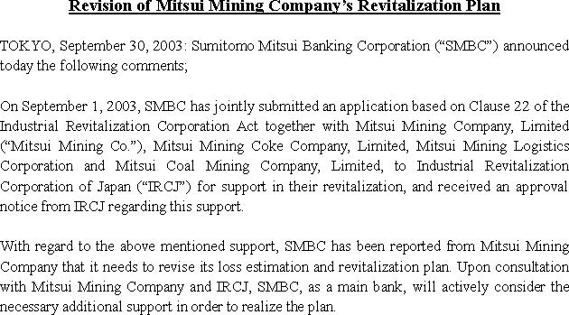 Revision of Mitsui Mining Company's Revitalization Plan(1/1)