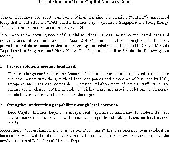 Establishment of Debt Capital Markets Dept.(1/1)