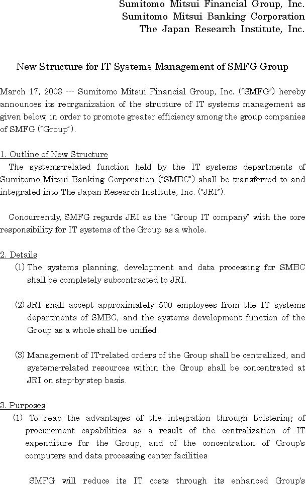 New Structure for IT Systems Management of SMFG Group(1/3)