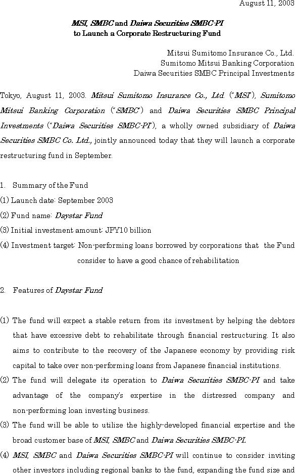 MSI, SMBC and Daiwa Securities SMBC-PI to Launch a Corporate Restructuring Fund(1/2)