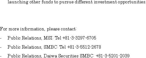 MSI, SMBC and Daiwa Securities SMBC-PI to Launch a Corporate Restructuring Fund(2/2)